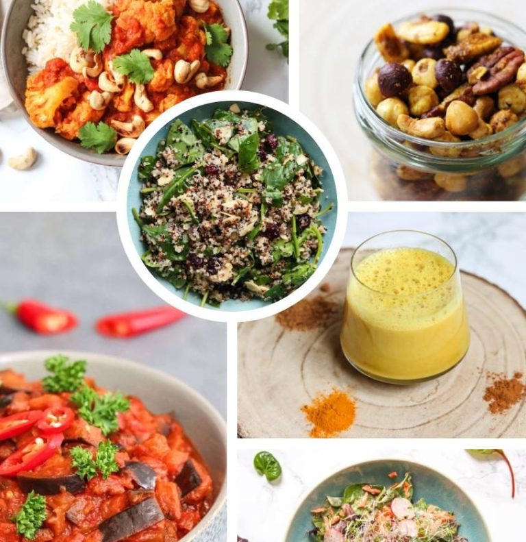 Essensvorschläge mit Smoothie, Nüssen, Paprika und Fleisch, Lachs mit Nudeln, Curry Reis